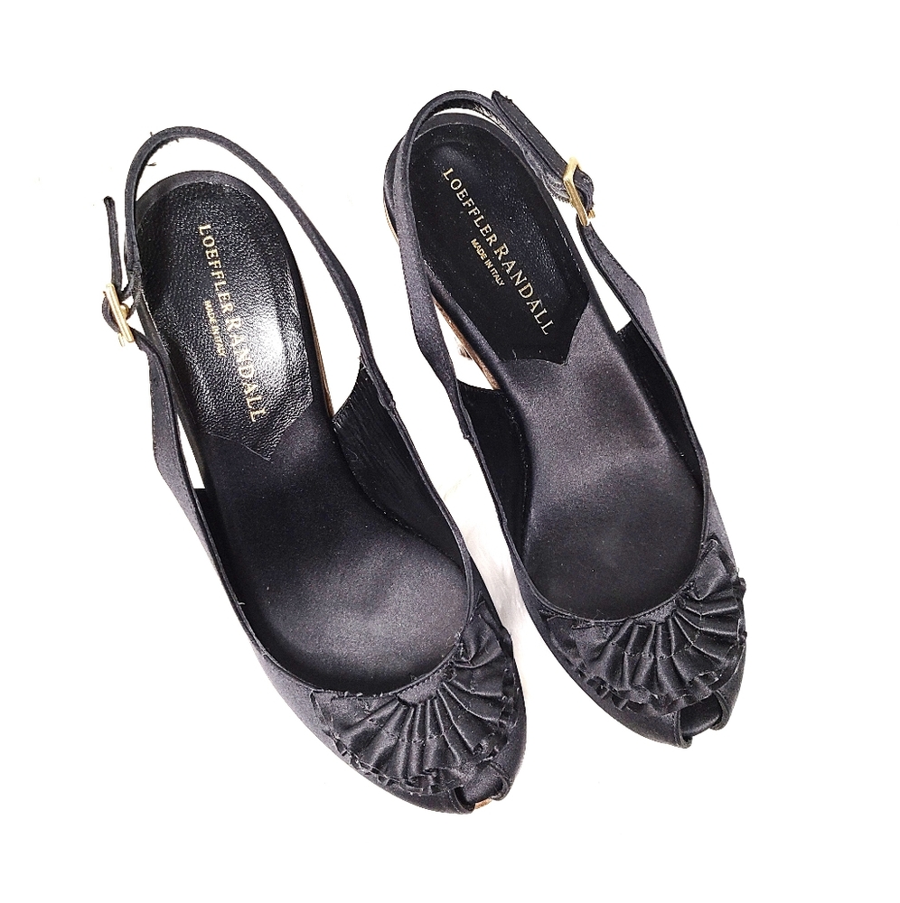 Loeffler Randall Black Satin Slingback Heels with Front Ruffles size 8.5B